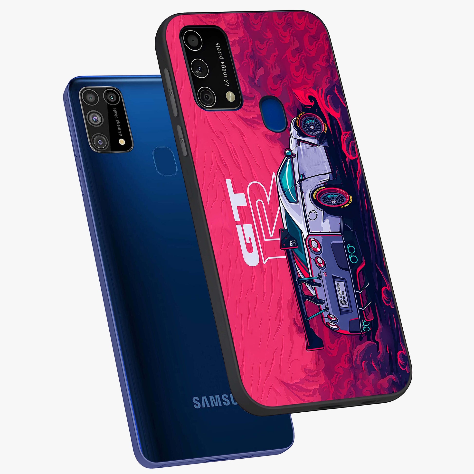 GT-R Car Pattern Glass Case displayed in angled mockup highlighting racing car graphic design with bold automotive aesthetic.
