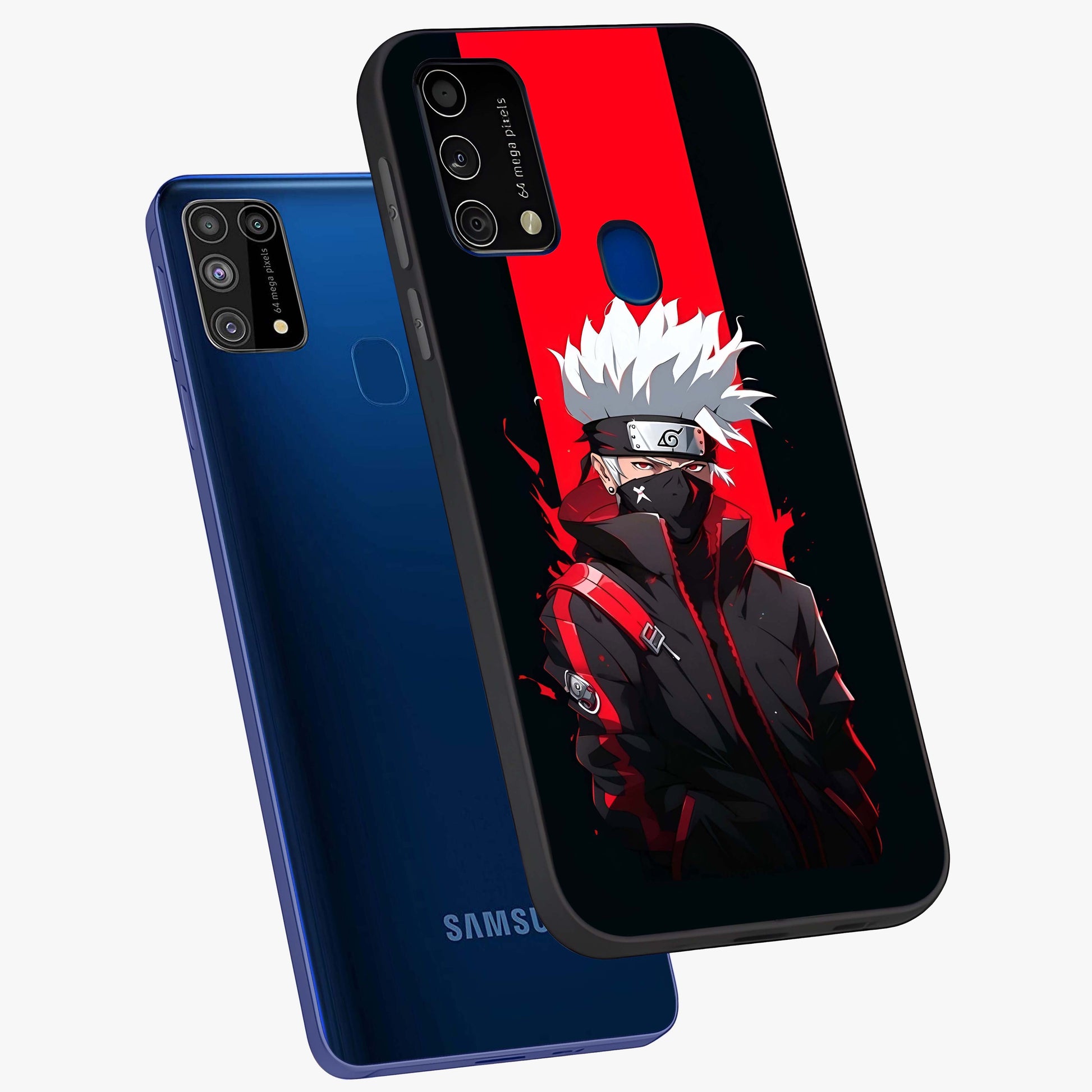 Kakashi Scarlet Shadow Glass Case displayed in angled mockup highlighting dramatic ninja illustration with scarlet themed aesthetic.