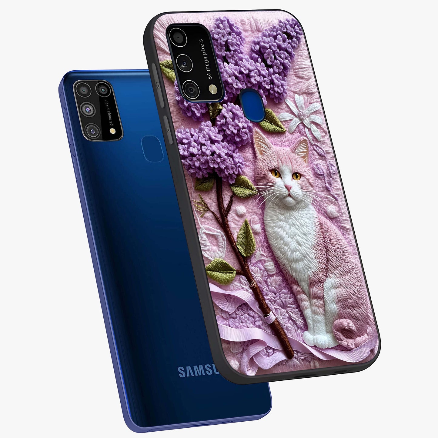 Lavender Cat Whimsy Glass Case displayed in angled mockup highlighting playful feline illustration with pastel lavender aesthetic.