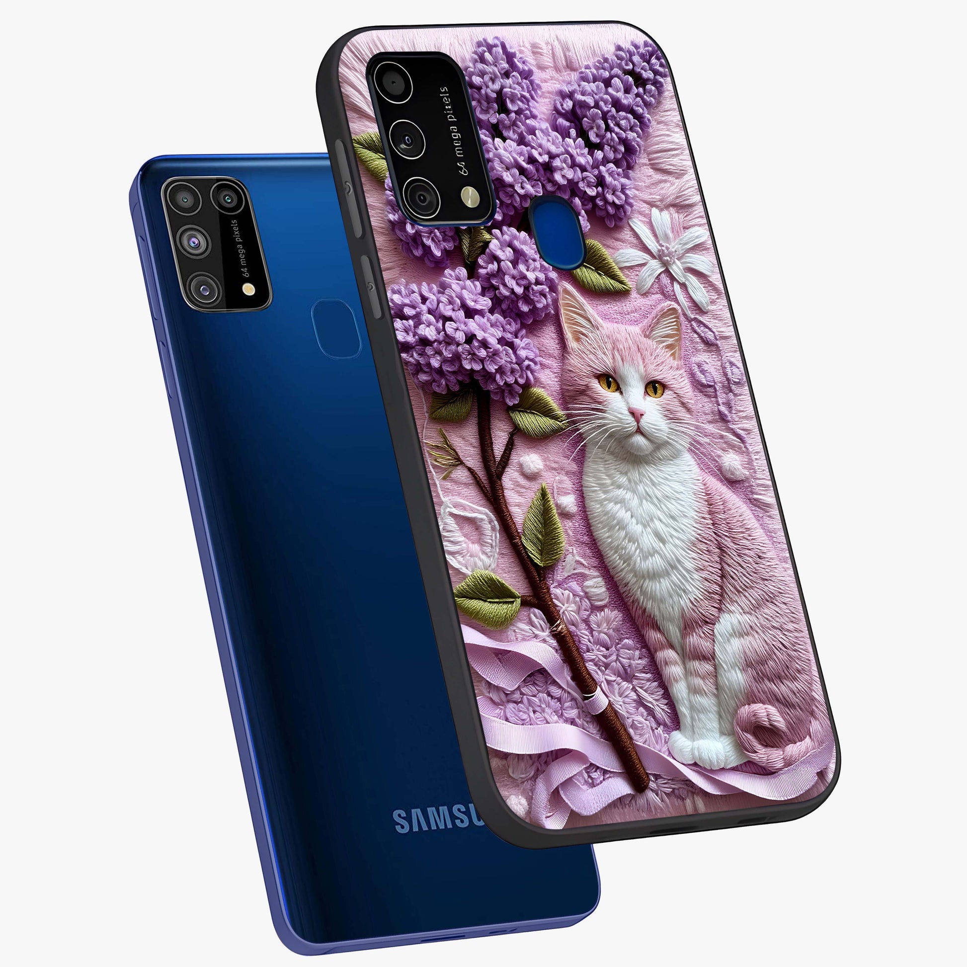 Lavender Cat Whimsy Glass Case displayed in angled mockup highlighting playful feline illustration with pastel lavender aesthetic.
