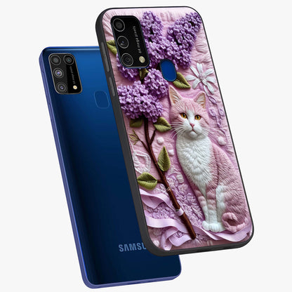 Lavender Cat Whimsy Glass Case displayed in angled mockup highlighting playful feline illustration with pastel lavender aesthetic.