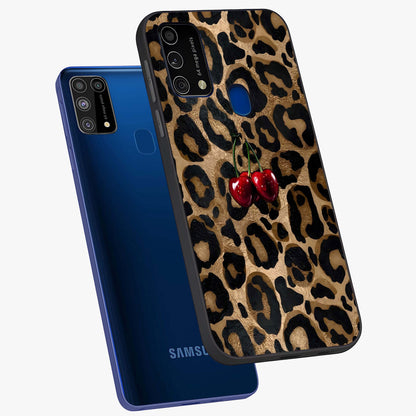 Leopard Wild Cherry Glass Case displayed in angled mockup highlighting bold animal print design with playful cherry aesthetic.
