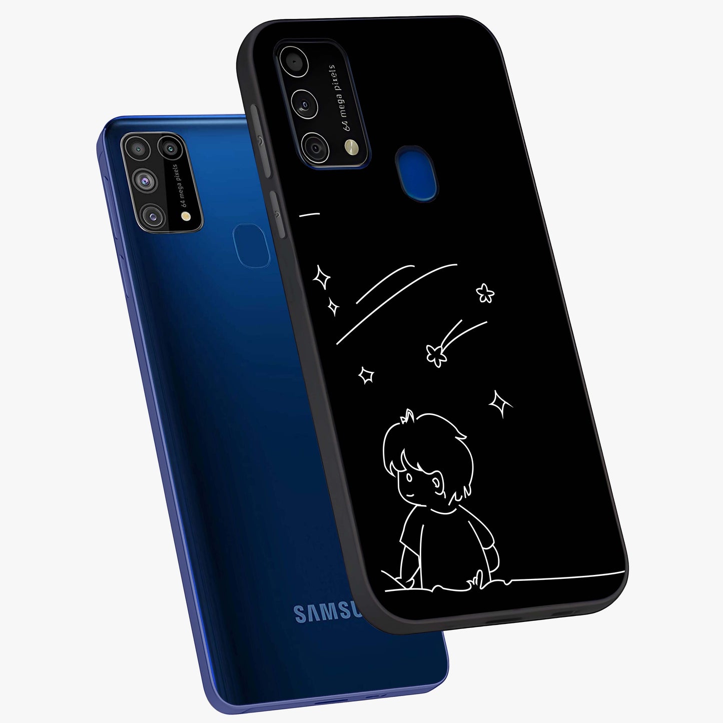 Line Art Boy With Shooting Stars Glass Case displayed in angled mockup highlighting elegant line art design with dreamy star aesthetic.