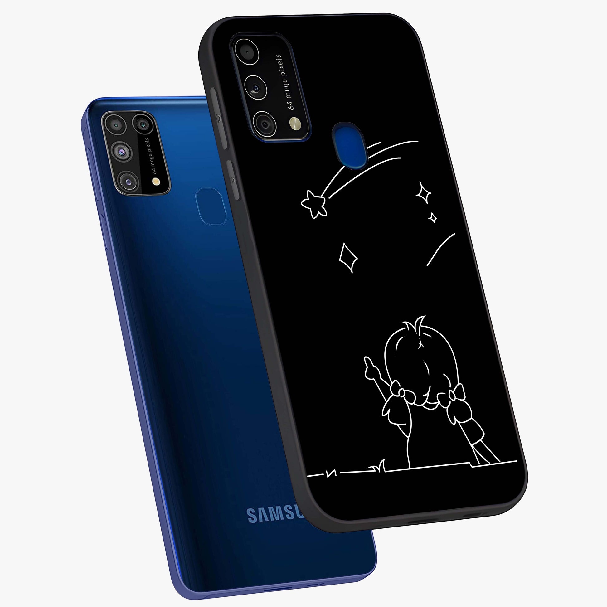 Line Art Girl With Shooting Stars Glass Case displayed in angled mockup highlighting elegant line art design with dreamy star aesthetic.