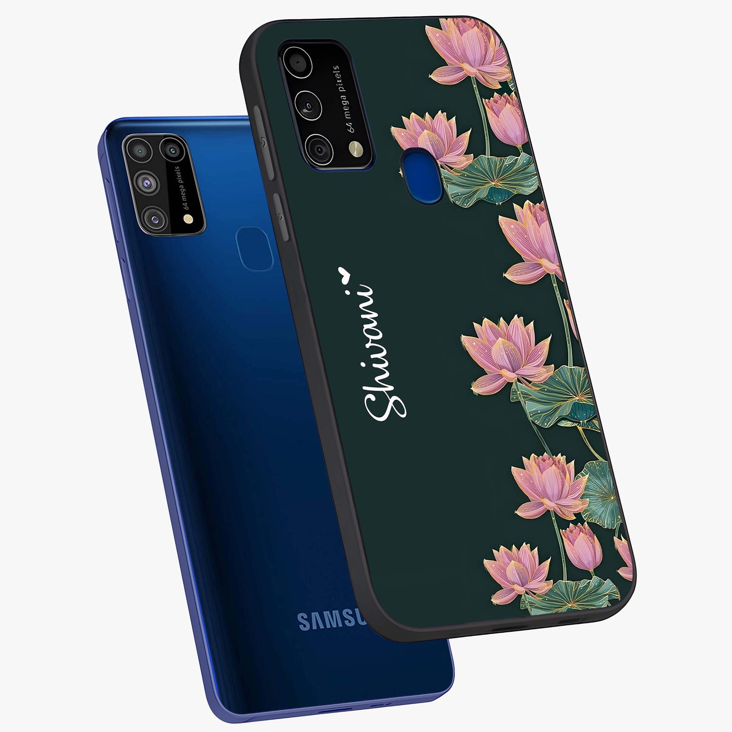 Lotus Bloom Serenity Custom Name Glass Case displayed in angled mockup highlighting graceful lotus illustration with custom name feature.