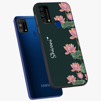 Lotus Bloom Serenity Custom Name Glass Case displayed in angled mockup highlighting graceful lotus illustration with custom name feature.