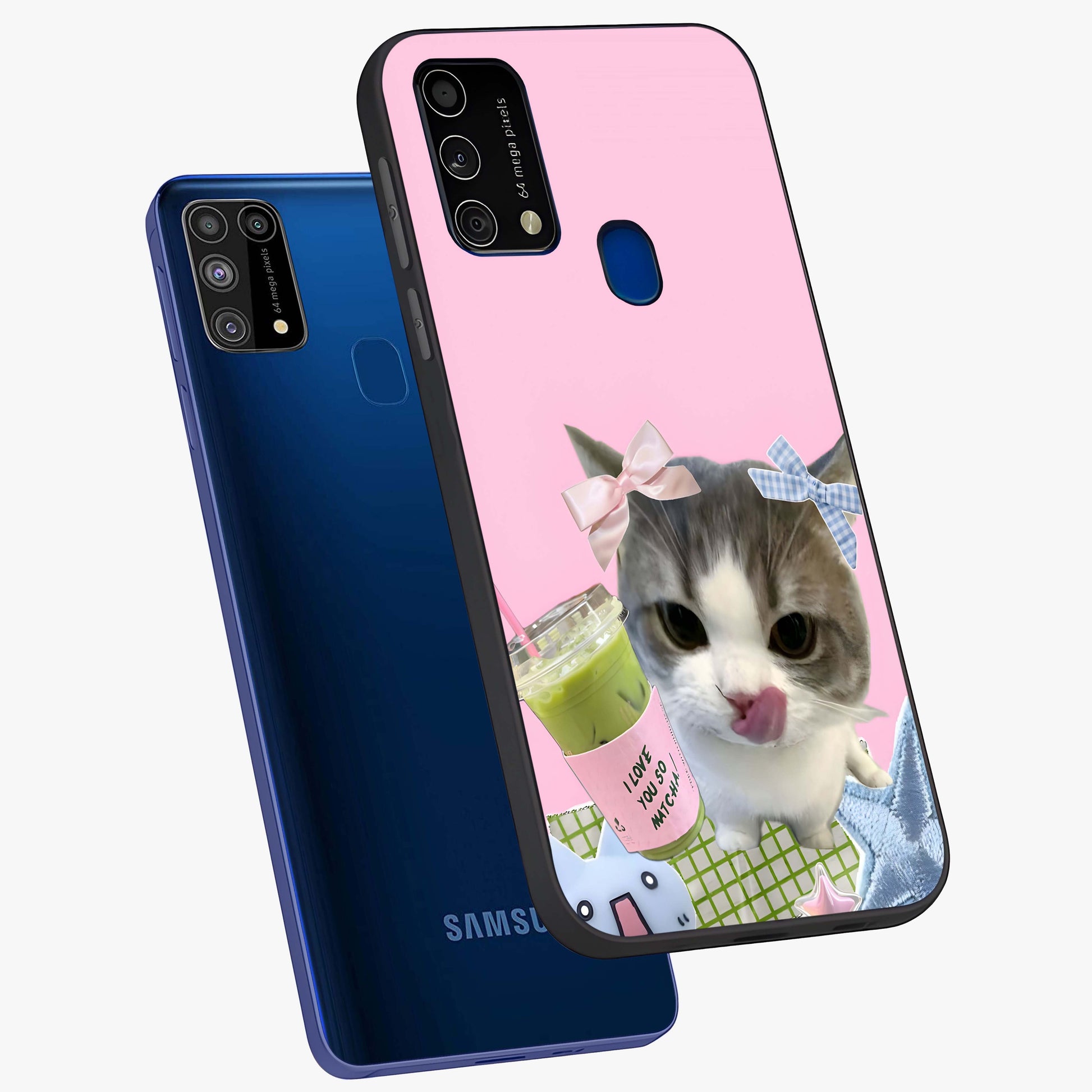 Love Matcha Cat Glass Case displayed in angled mockup highlighting playful feline illustration with cozy matcha aesthetic.