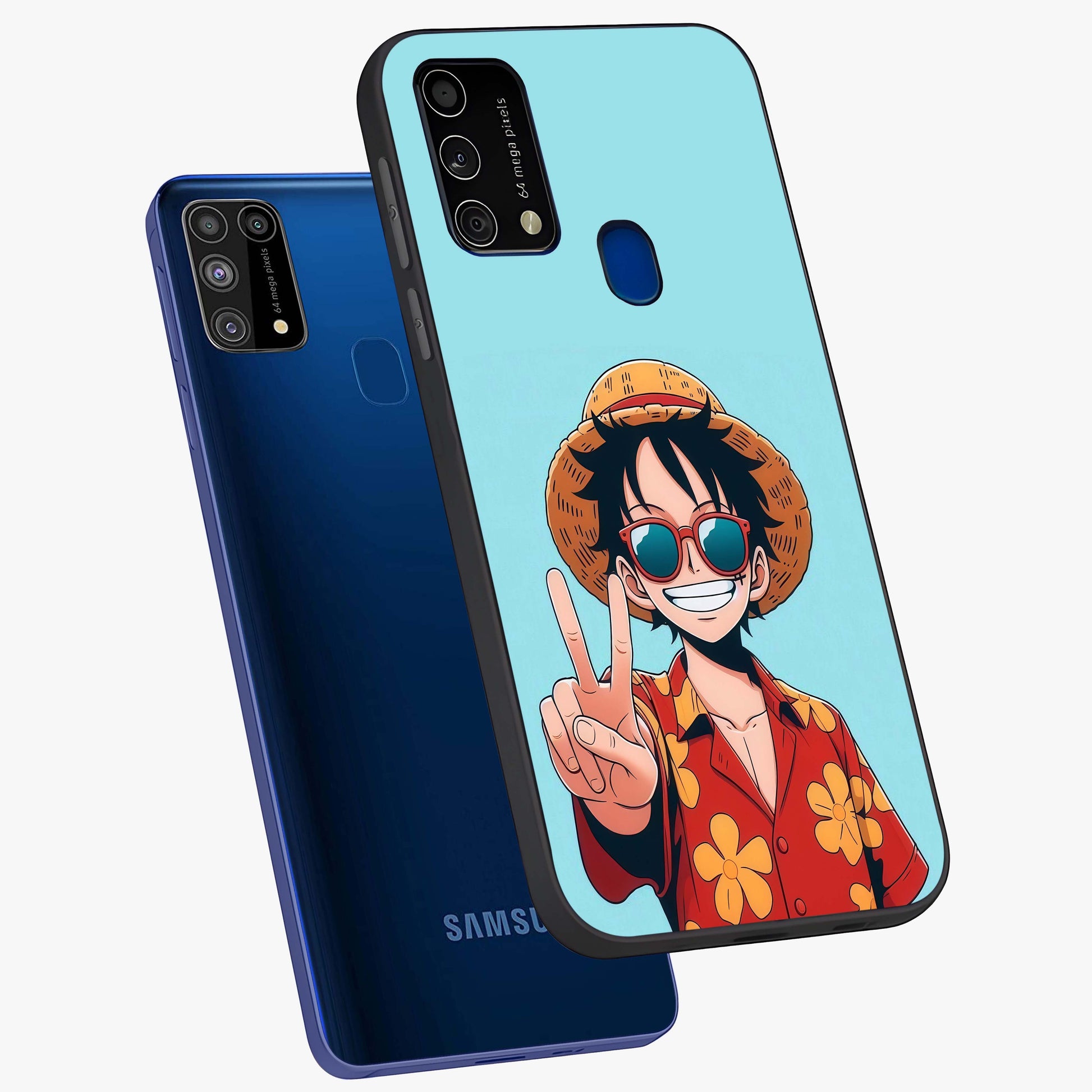 Luffy Summer Anime Vibe Glass Case displayed in angled mockup highlighting energetic anime illustration with summer vibe aesthetic.