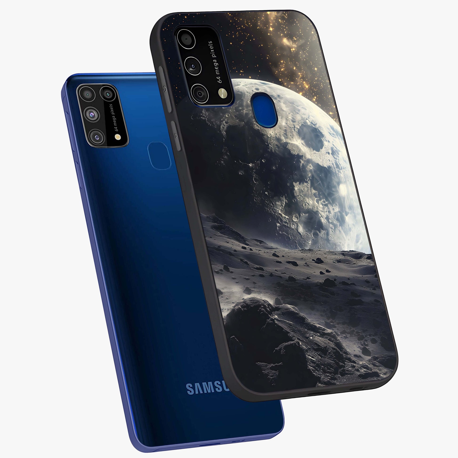 Lunar Horizon Glow Glass Case displayed in angled mockup highlighting celestial moon design with dreamy night aesthetic.