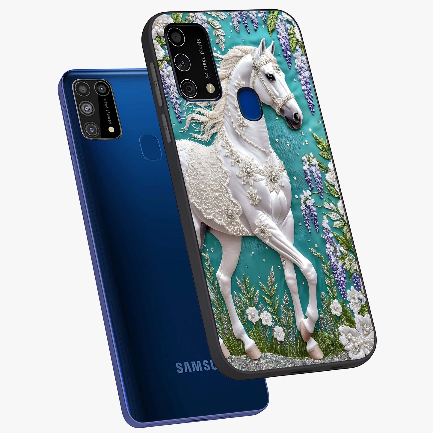 Majestic Floral Stallion Glass Case displayed in angled mockup highlighting majestic stallion illustration with elegant floral aesthetic.