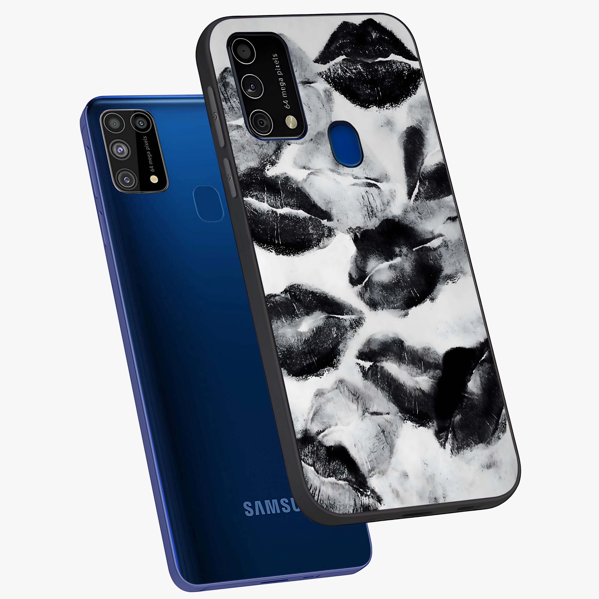 Midnight Kiss Marks Glass Case displayed in angled mockup highlighting playful romantic design with bold midnight aesthetic.