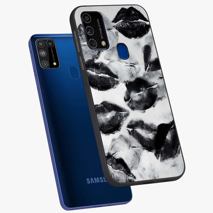 Midnight Kiss Marks Glass Case displayed in angled mockup highlighting playful romantic design with bold midnight aesthetic.