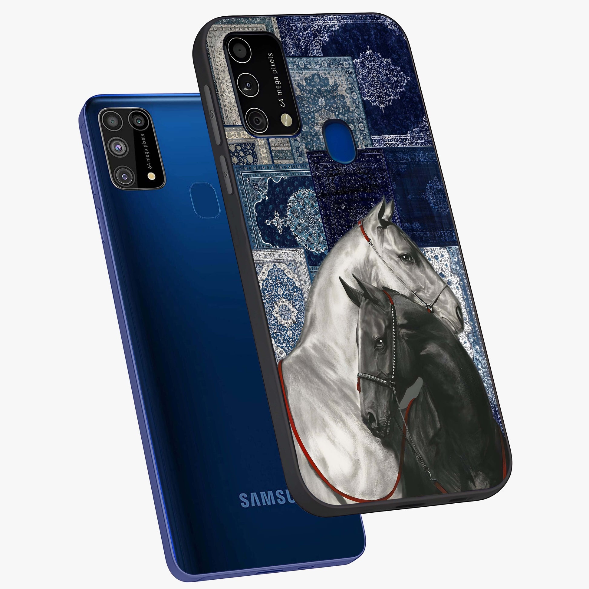 Midnight Stallion Blues Glass Case displayed in angled mockup highlighting powerful stallion illustration with deep midnight tones.