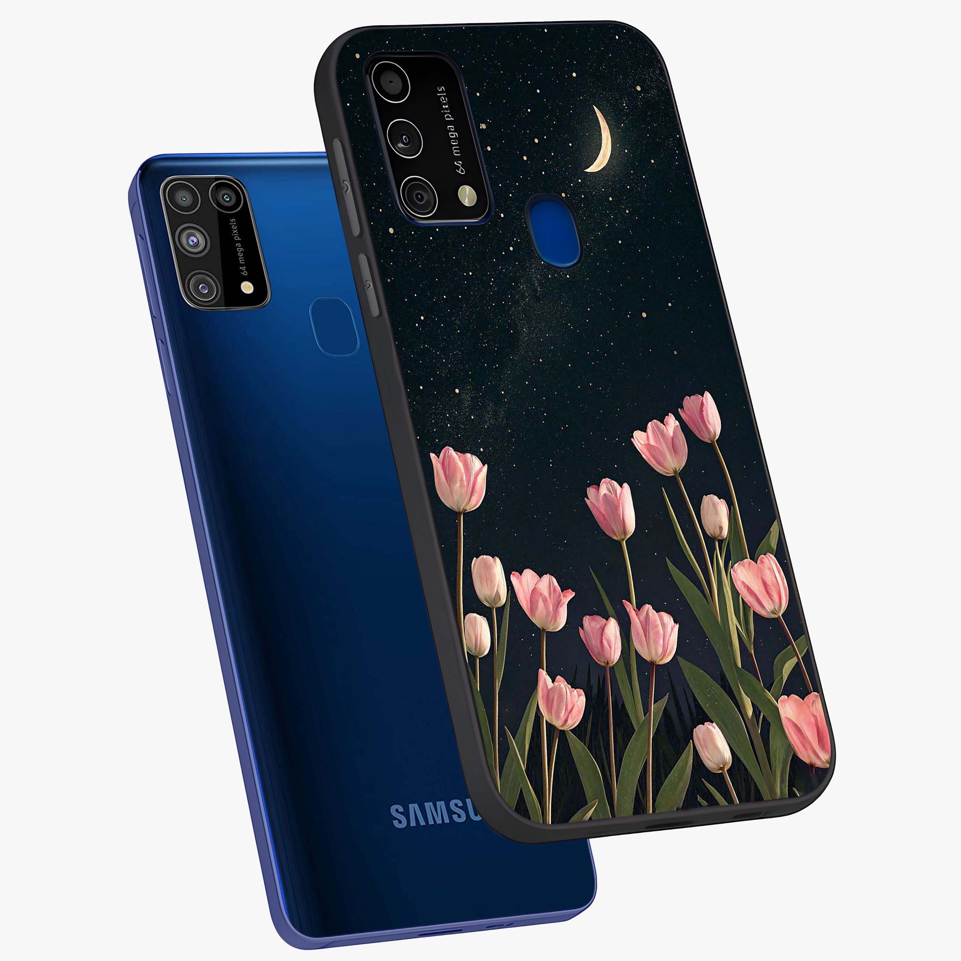Midnight Tulip Whispers Vibe Glass Case displayed in angled mockup highlighting delicate tulip design with midnight floral aesthetic.