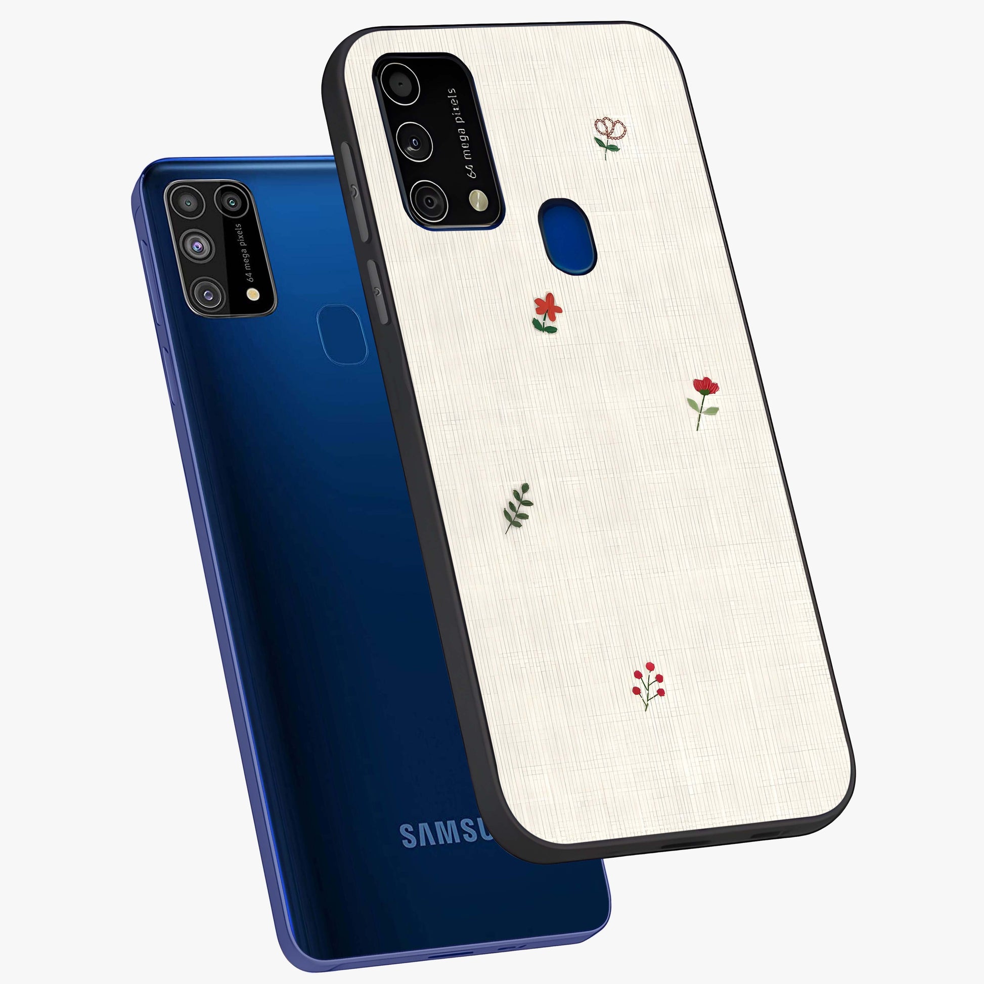 Minimalistic Blue With White Flower Pattern Glass Case displayed in angled mockup highlighting simple floral design with minimal aesthetic.