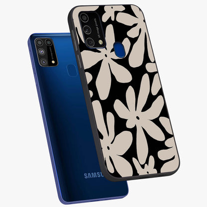 Monochrome Petal Dance Glass Case displayed in angled mockup highlighting elegant petal design with black and white aesthetic.