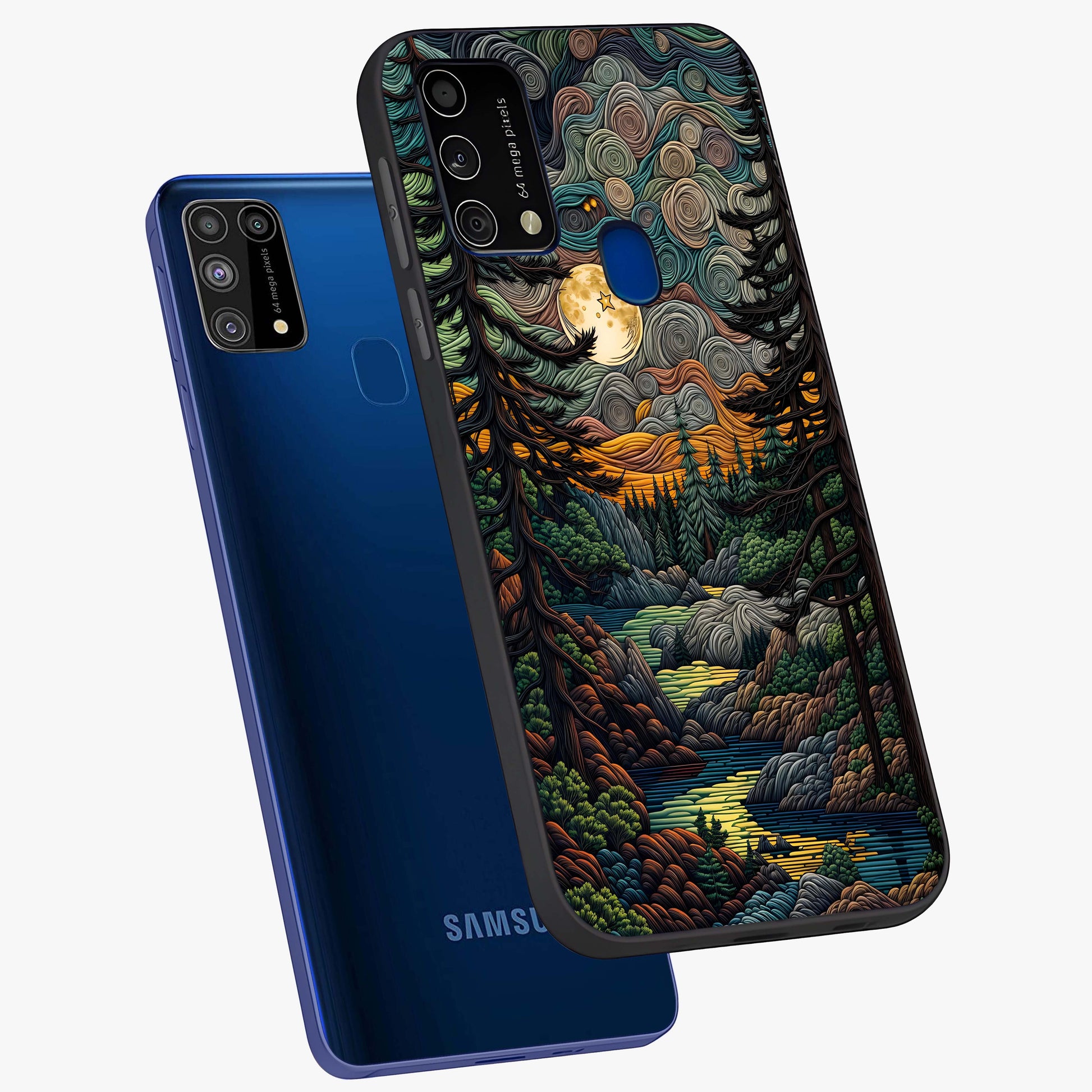 Moonlight Forest Dream Glass Case displayed in angled mockup highlighting dreamy forest design with glowing moon aesthetic.