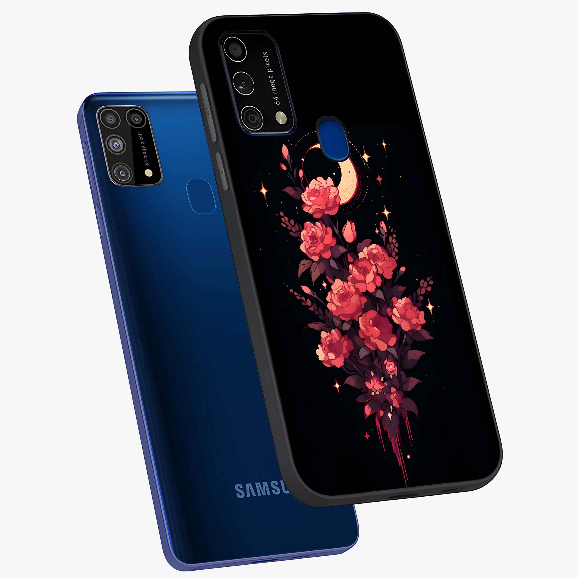 Moonlit Floral Elegance Glass Case displayed in angled mockup highlighting graceful flower design with soft moonlight aesthetic.