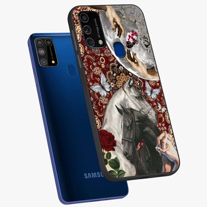 Moonlit Royal Stallion Glass Case displayed in angled mockup highlighting powerful stallion illustration with royal night aesthetic.