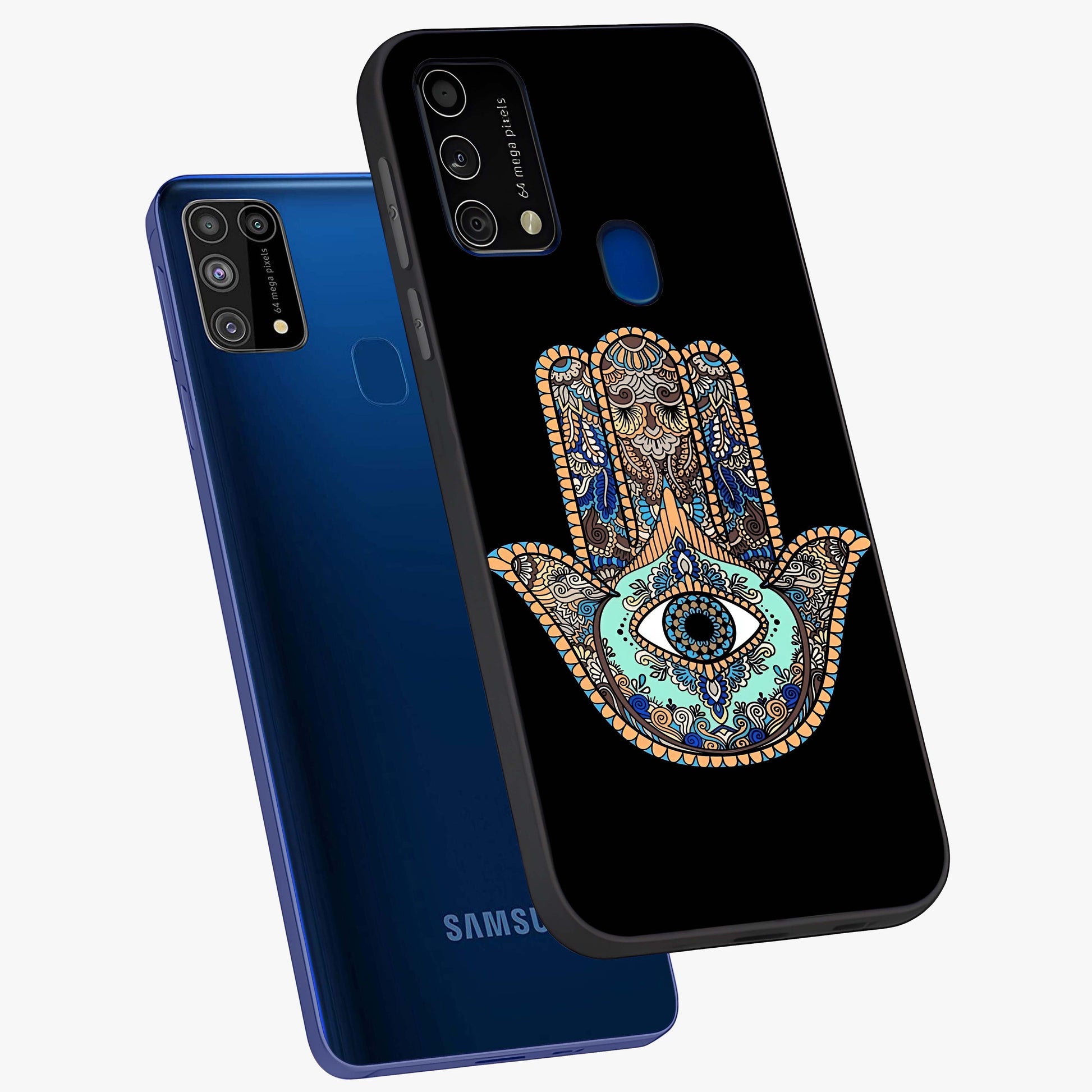 Mystic Hamsa Eye Glass Case displayed in angled mockup highlighting spiritual hamsa symbol with mystical aesthetic style.