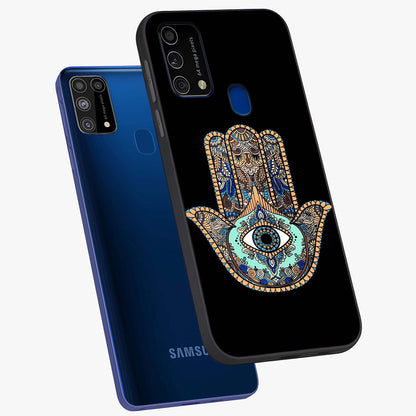 Mystic Hamsa Eye Glass Case displayed in angled mockup highlighting spiritual hamsa symbol with mystical aesthetic style.