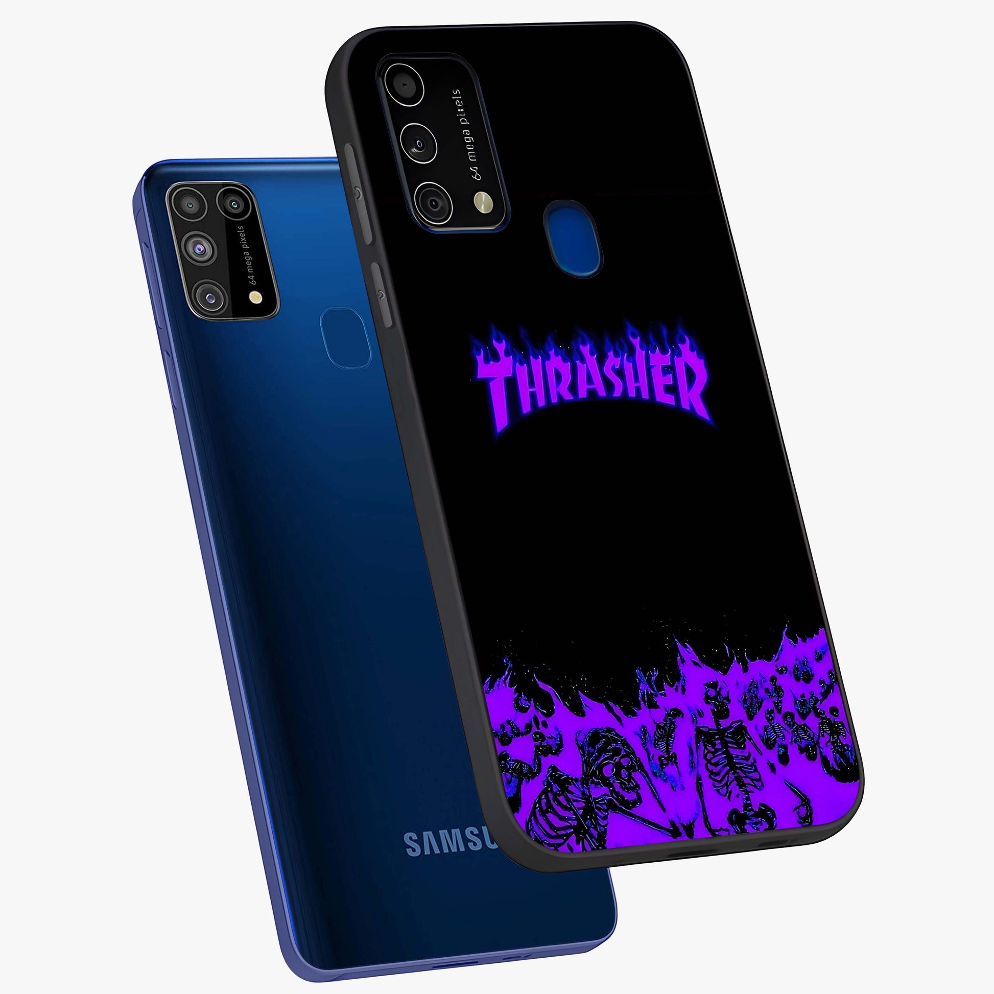 Neon Flame Riot Glass Case displayed in angled mockup highlighting glowing flame design with vibrant neon aesthetic.