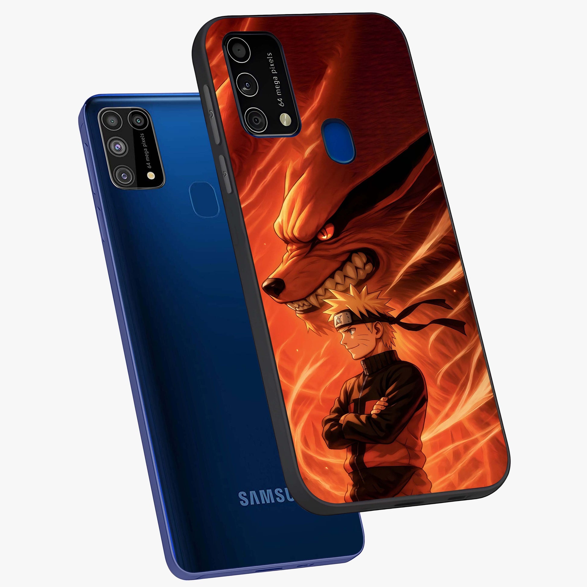 Nine Tails Legacy Glass Case displayed in angled mockup highlighting dynamic anime beast illustration with bold mystical aesthetic.