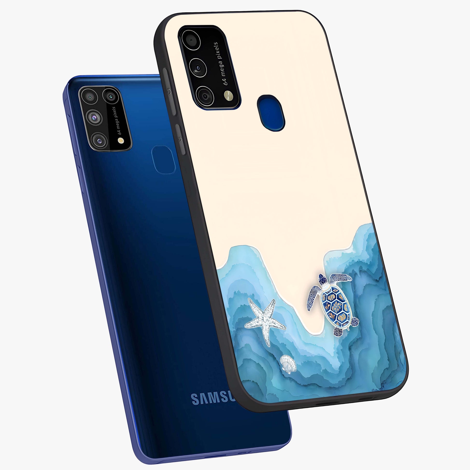 Ocean Drift Turtle Glass Case displayed in angled mockup highlighting peaceful ocean turtle illustration with marine aesthetic.