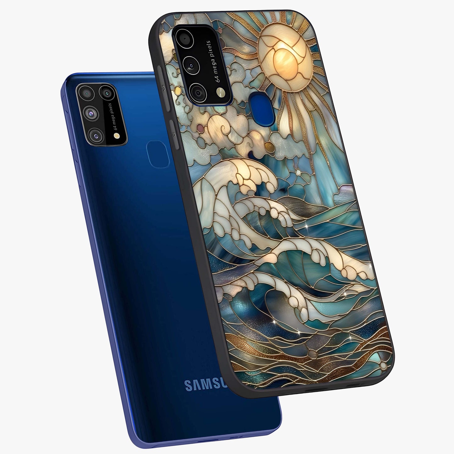 Oceanic Stained Printed Glass Case displayed in angled mockup highlighting colorful aquatic design with artistic aesthetic style.