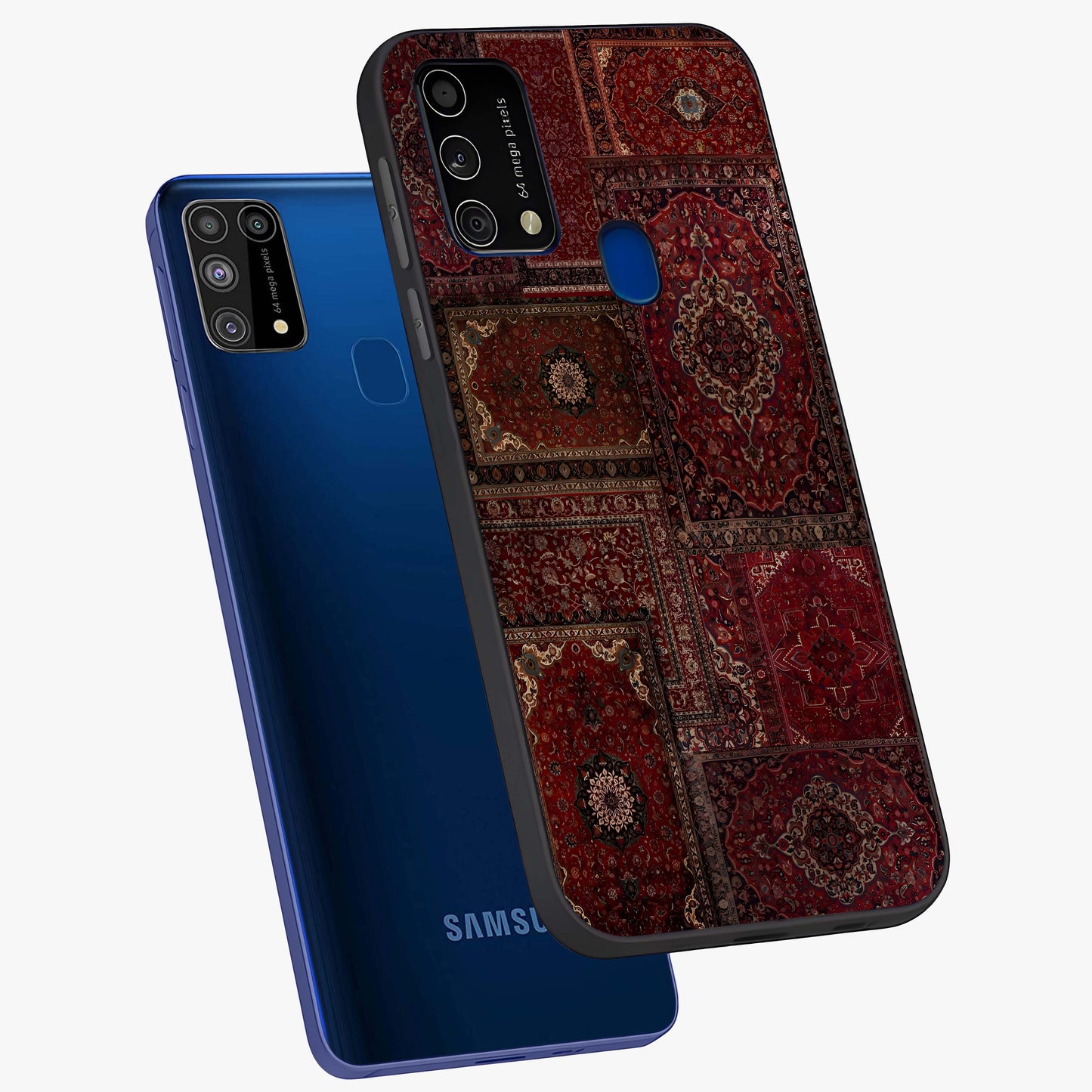 Persian Velvet Tale Glass Case displayed in angled mockup highlighting ornate textile inspired design with royal aesthetic.