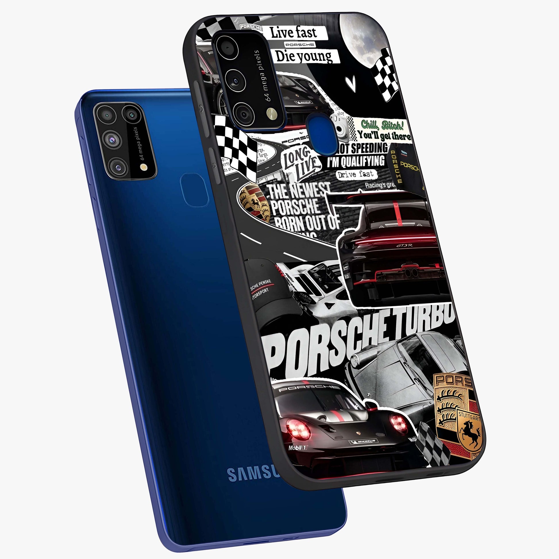 Porsche Racing Collage Glass Case displayed in angled mockup highlighting dynamic automotive design with bold racing aesthetic.