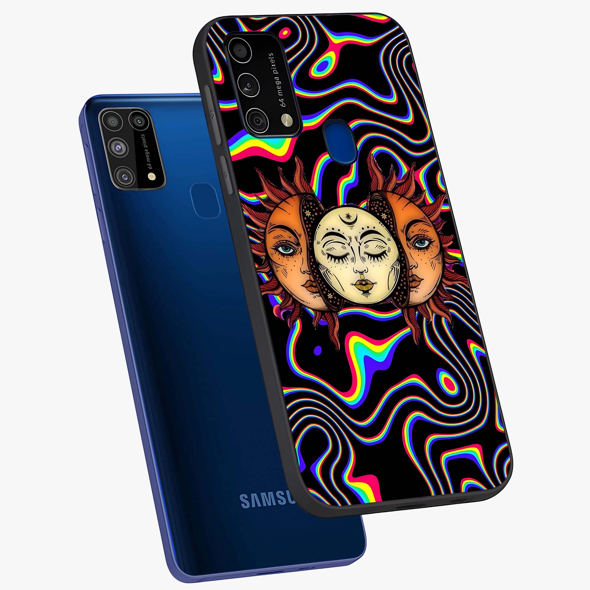 Psychedelic Sun Glass Case displayed in angled mockup highlighting vibrant abstract sun design with artistic aesthetic style.