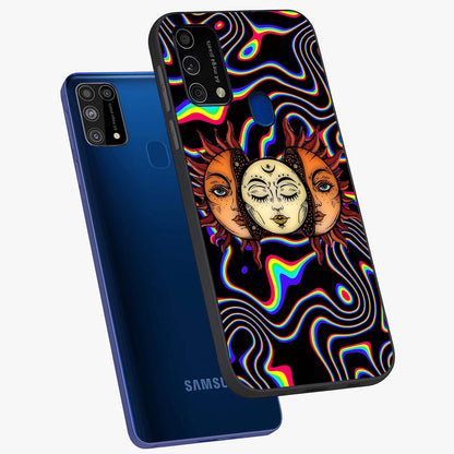 Psychedelic Sun Glass Case displayed in angled mockup highlighting vibrant abstract sun design with artistic aesthetic style.