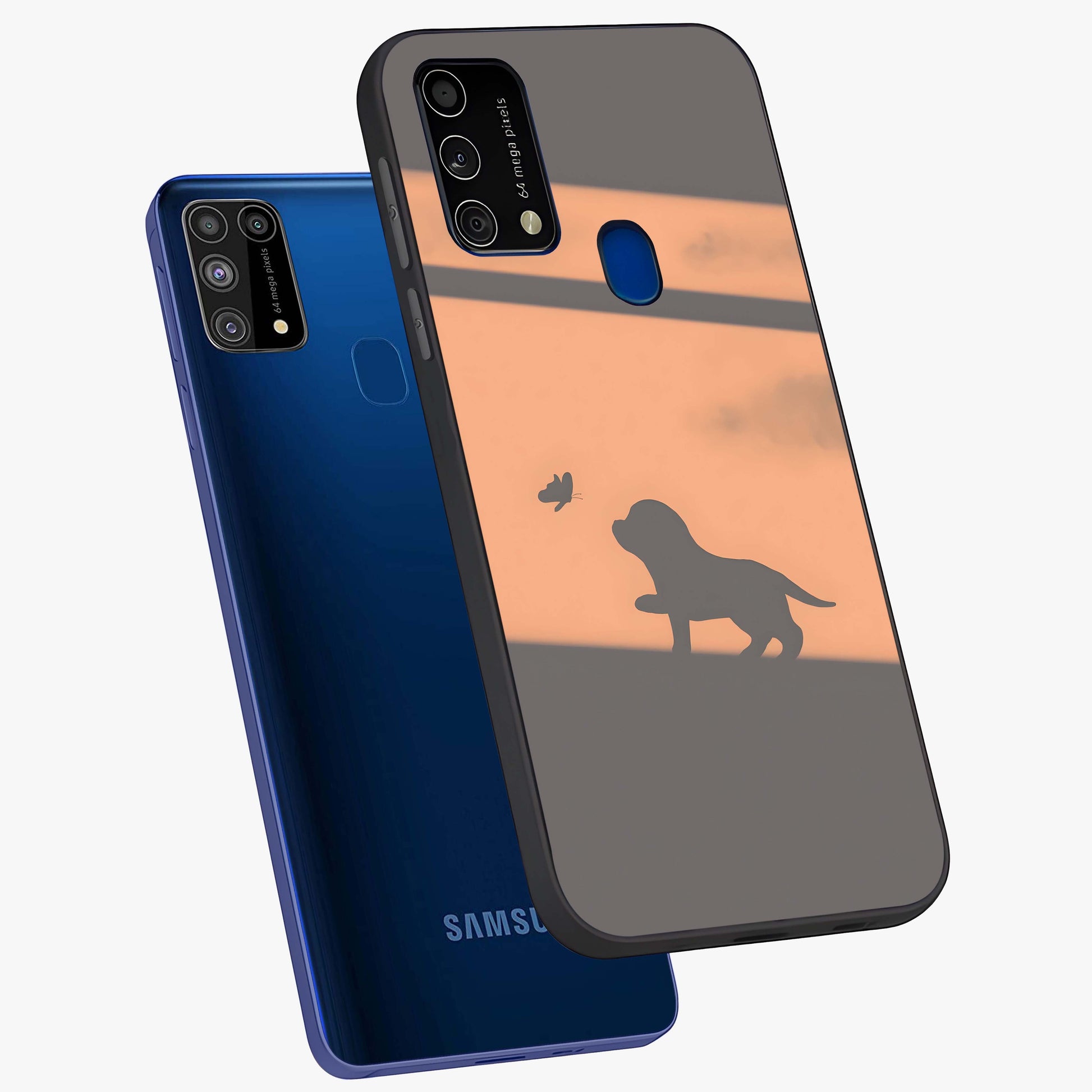 Puppy Shadow Art Glass Case displayed in angled mockup highlighting playful dog illustration with artistic shadow aesthetic.