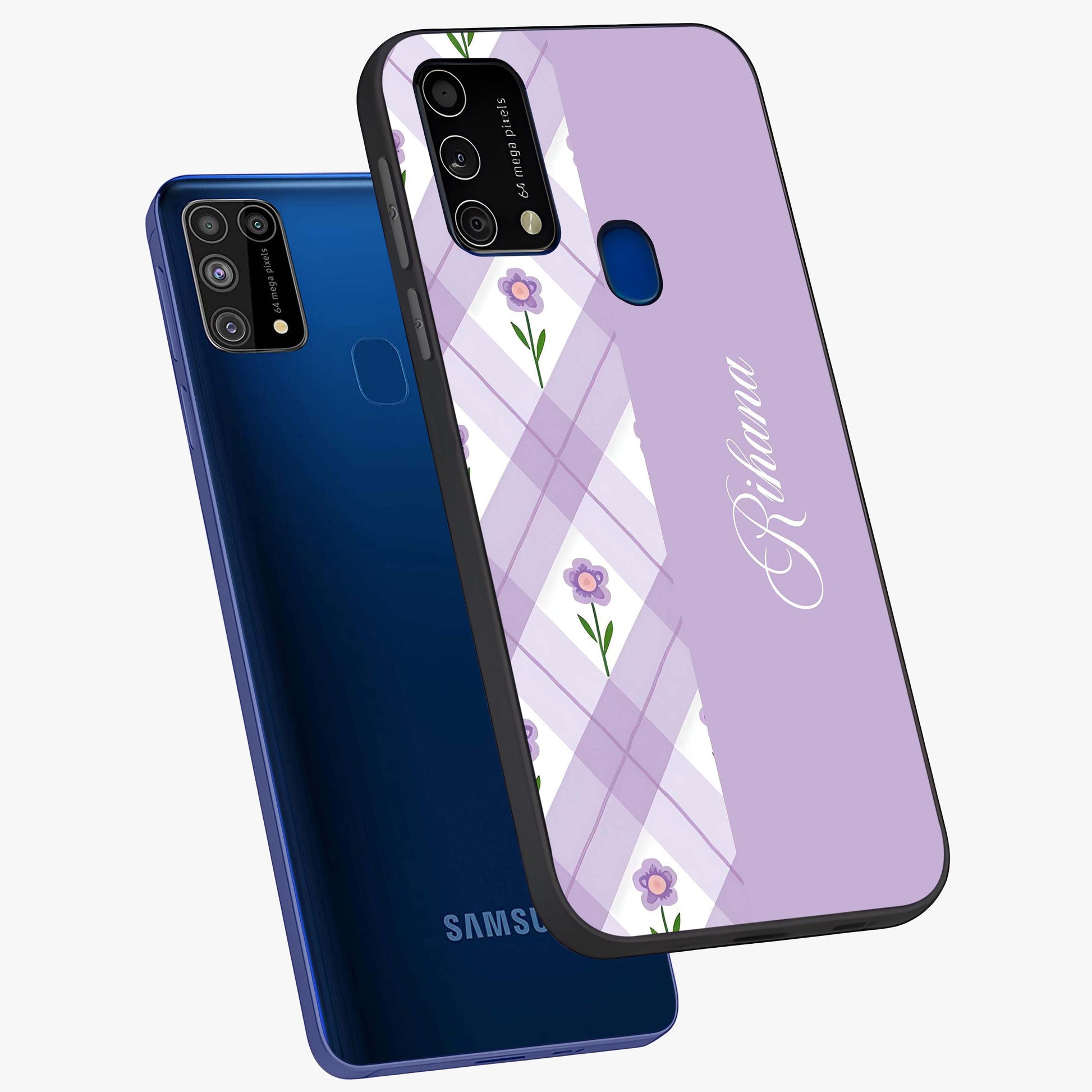 Purple Diamond Floral Glass Case displayed in angled mockup highlighting elegant purple flower design with decorative pattern.
