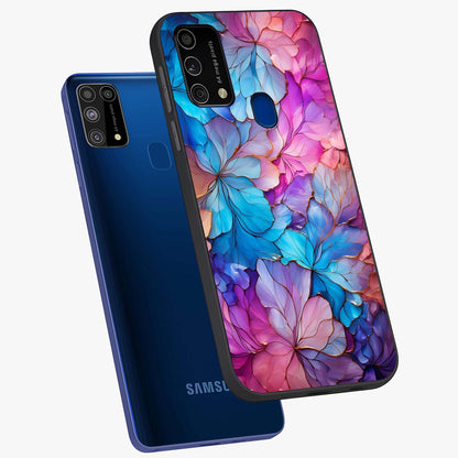 Radiant Floral Whirl Glass Case displayed in angled mockup highlighting vibrant flower pattern with dynamic artistic aesthetic.