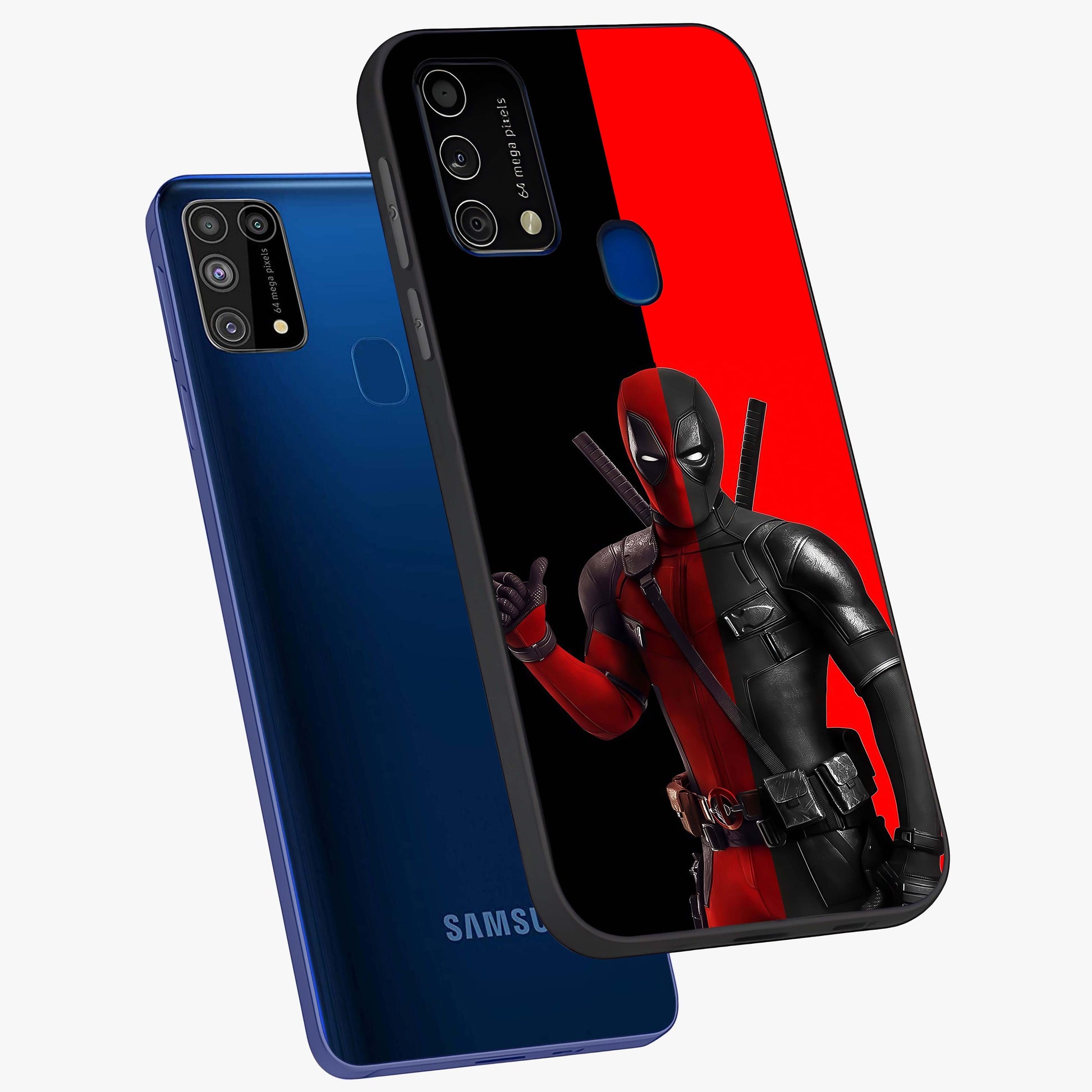 Red & Black Deadpool Theme Glass Case displayed in angled mockup highlighting vibrant superhero style illustration with action aesthetic.