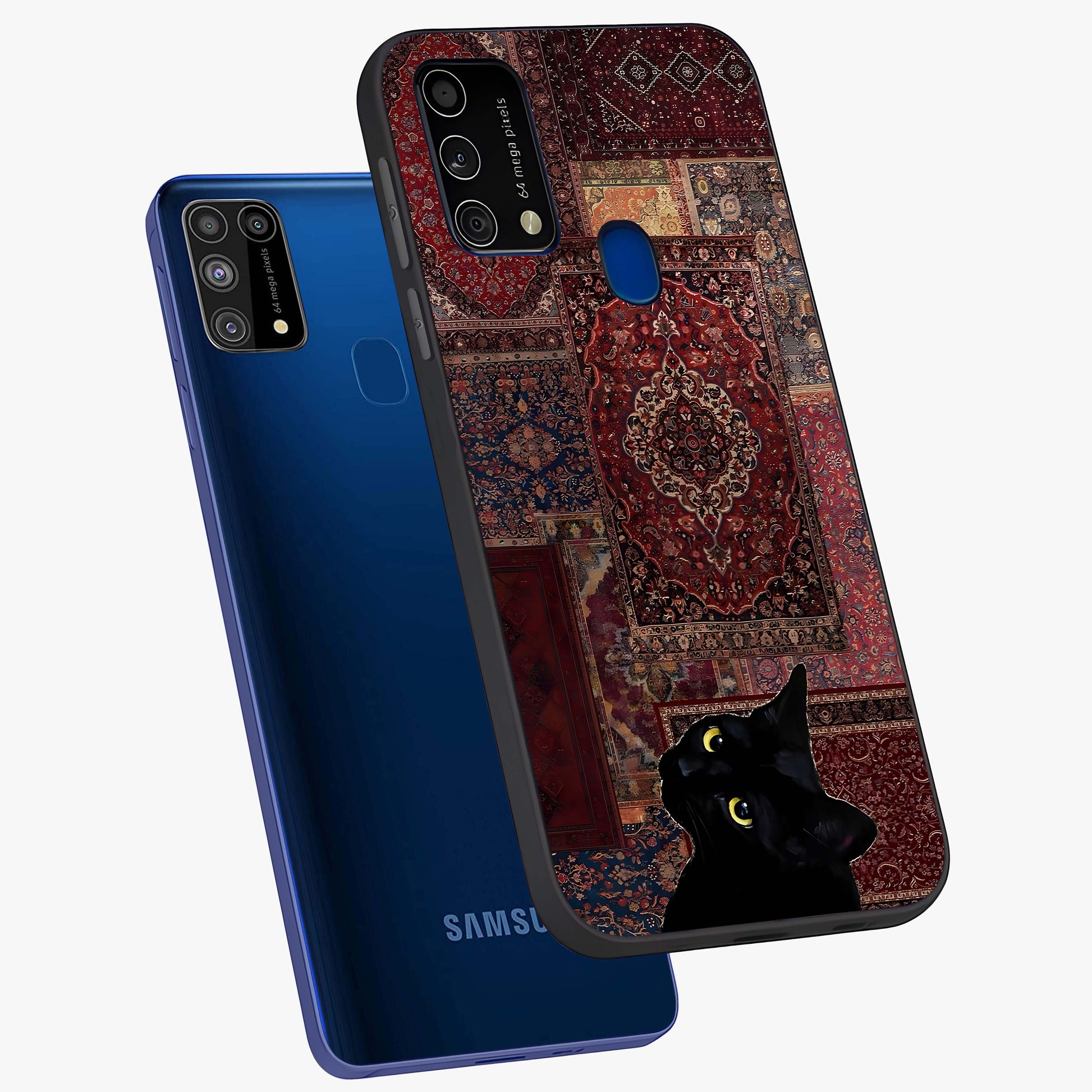 Regal Magic Cat Apple Glass Case displayed in angled mockup highlighting whimsical feline design with fantasy aesthetic.