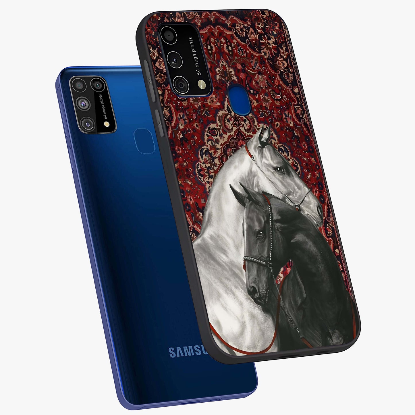Regal Stallion Tapestry Glass Case displayed in angled mockup highlighting royal stallion design with decorative heritage aesthetic.