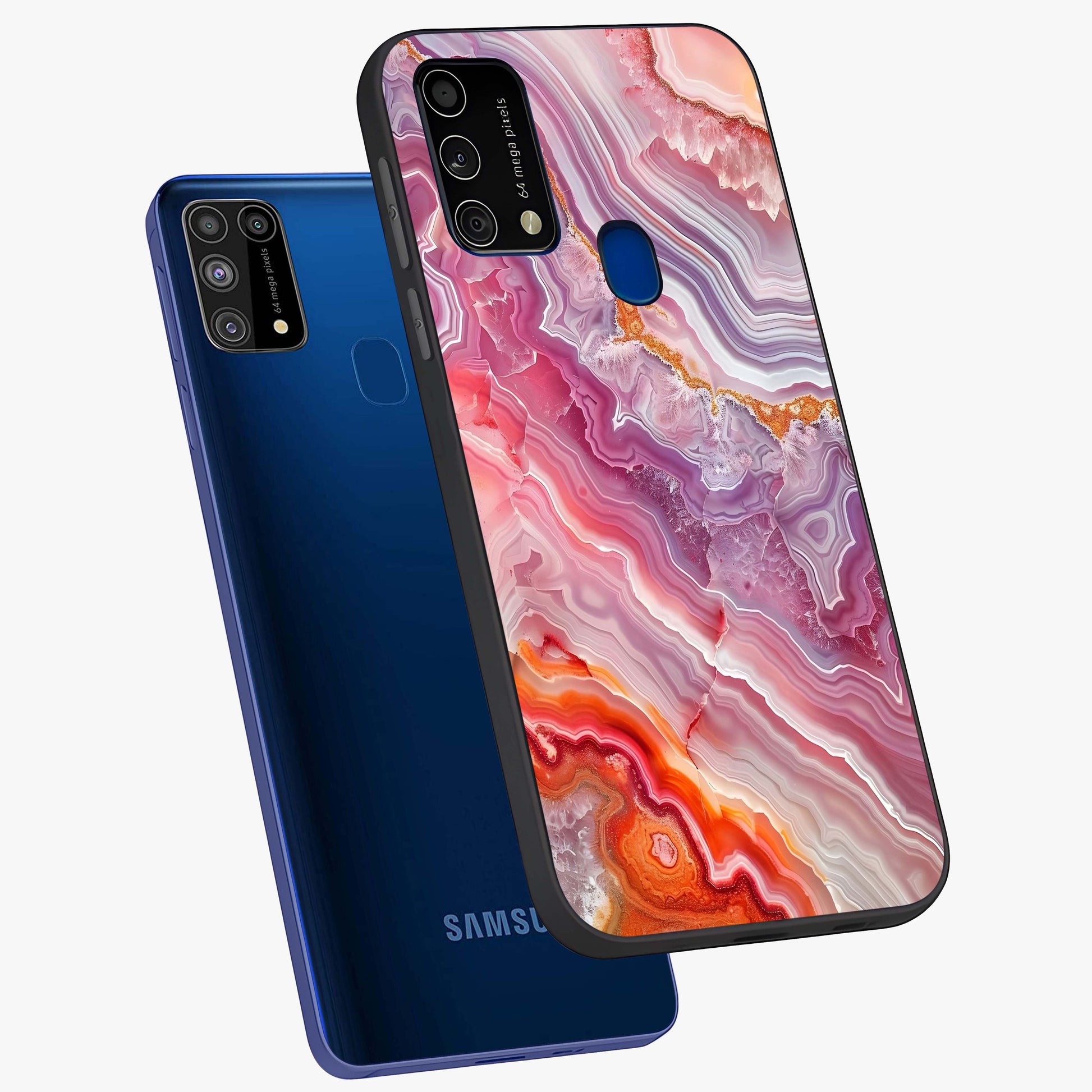 Rose Quartz Marble Glass Case displayed in angled mockup highlighting elegant marble pattern with soft aesthetic style.