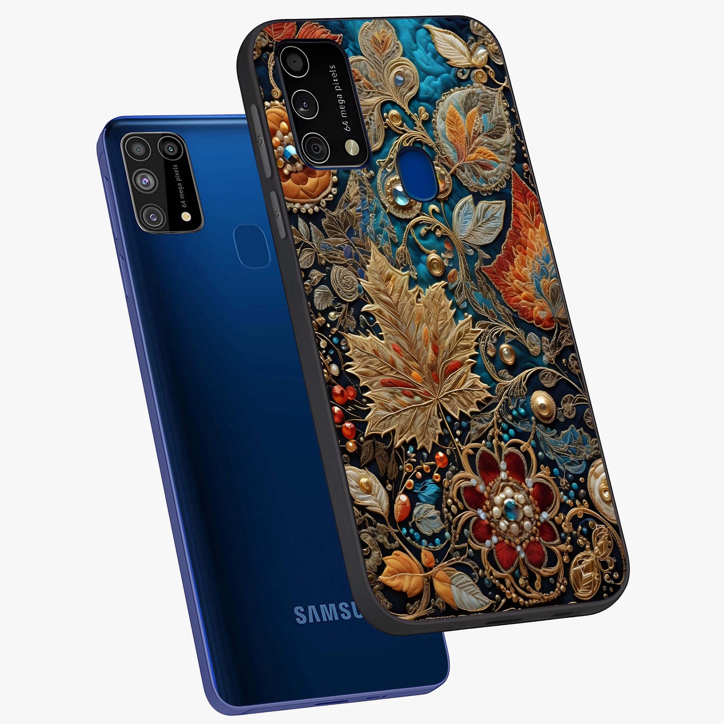 Royal Jewel Garden Glass Case displayed in angled mockup highlighting vibrant jewel inspired floral design with elegant aesthetic.