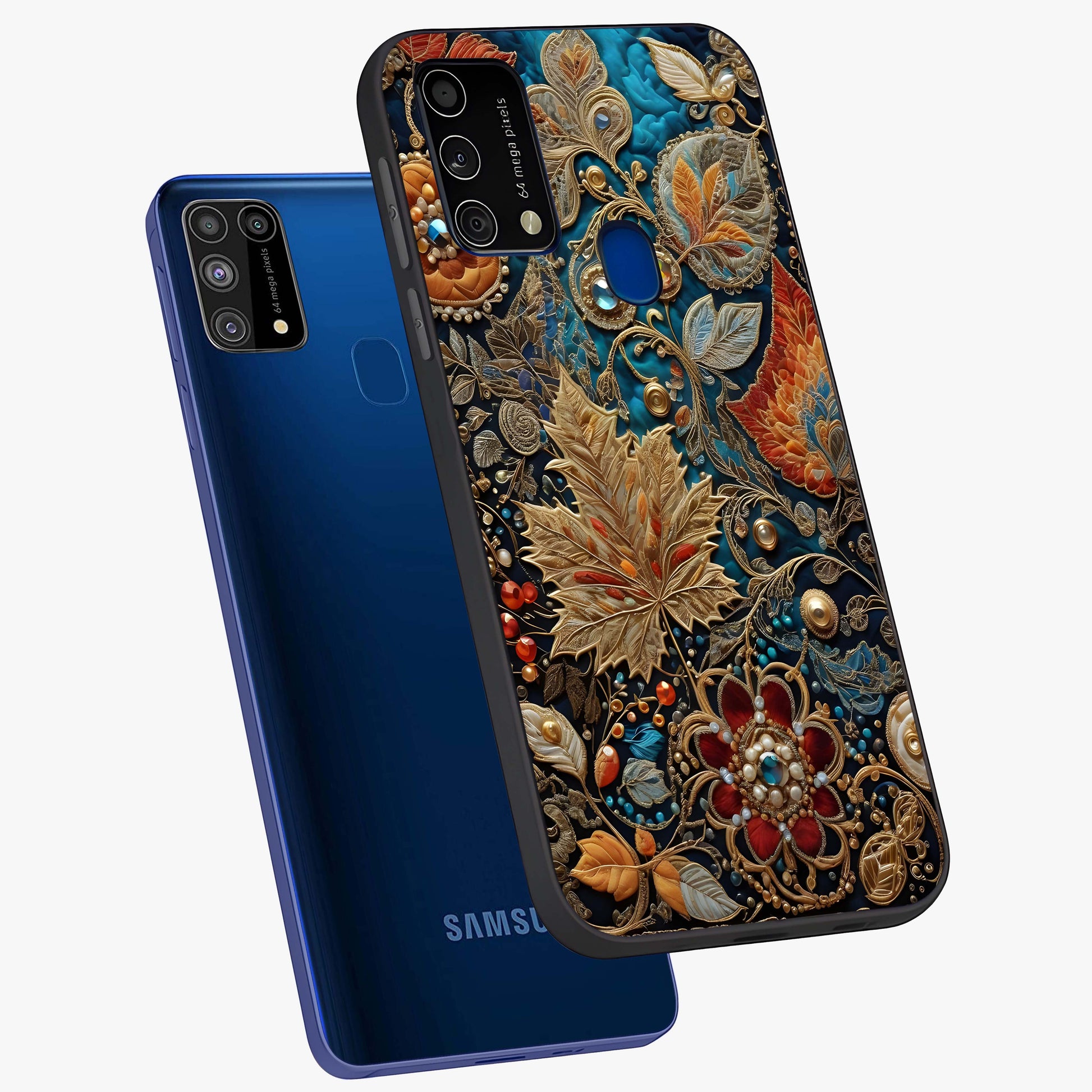 Royal Jewel Garden Glass Case displayed in angled mockup highlighting vibrant jewel inspired floral design with elegant aesthetic.