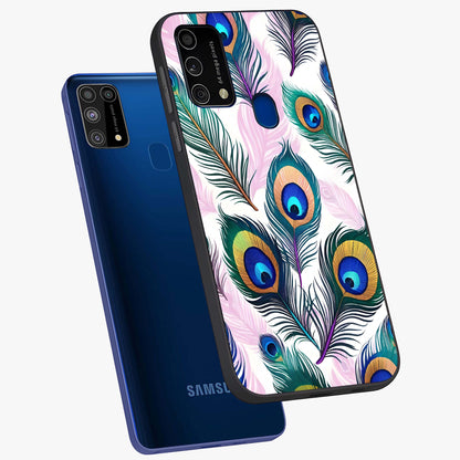Royal Peacock Feathers Glass Case displayed in angled mockup highlighting vibrant feather pattern with regal aesthetic style.