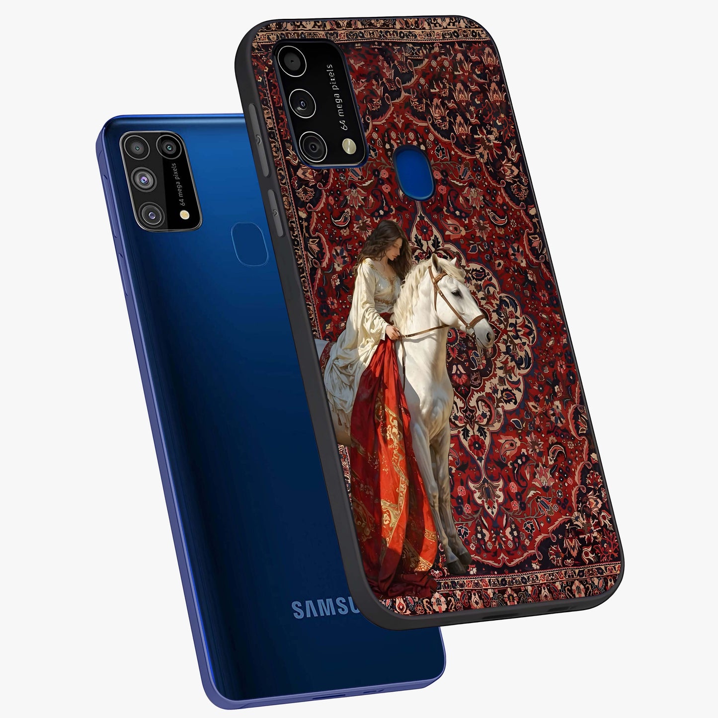 Royal Rider Tapestry Glass Case displayed in angled mockup highlighting traditional tapestry design with royal heritage aesthetic.