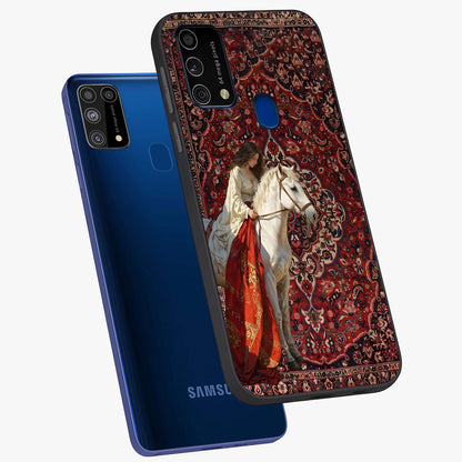 Royal Rider Tapestry Glass Case displayed in angled mockup highlighting traditional tapestry design with royal heritage aesthetic.