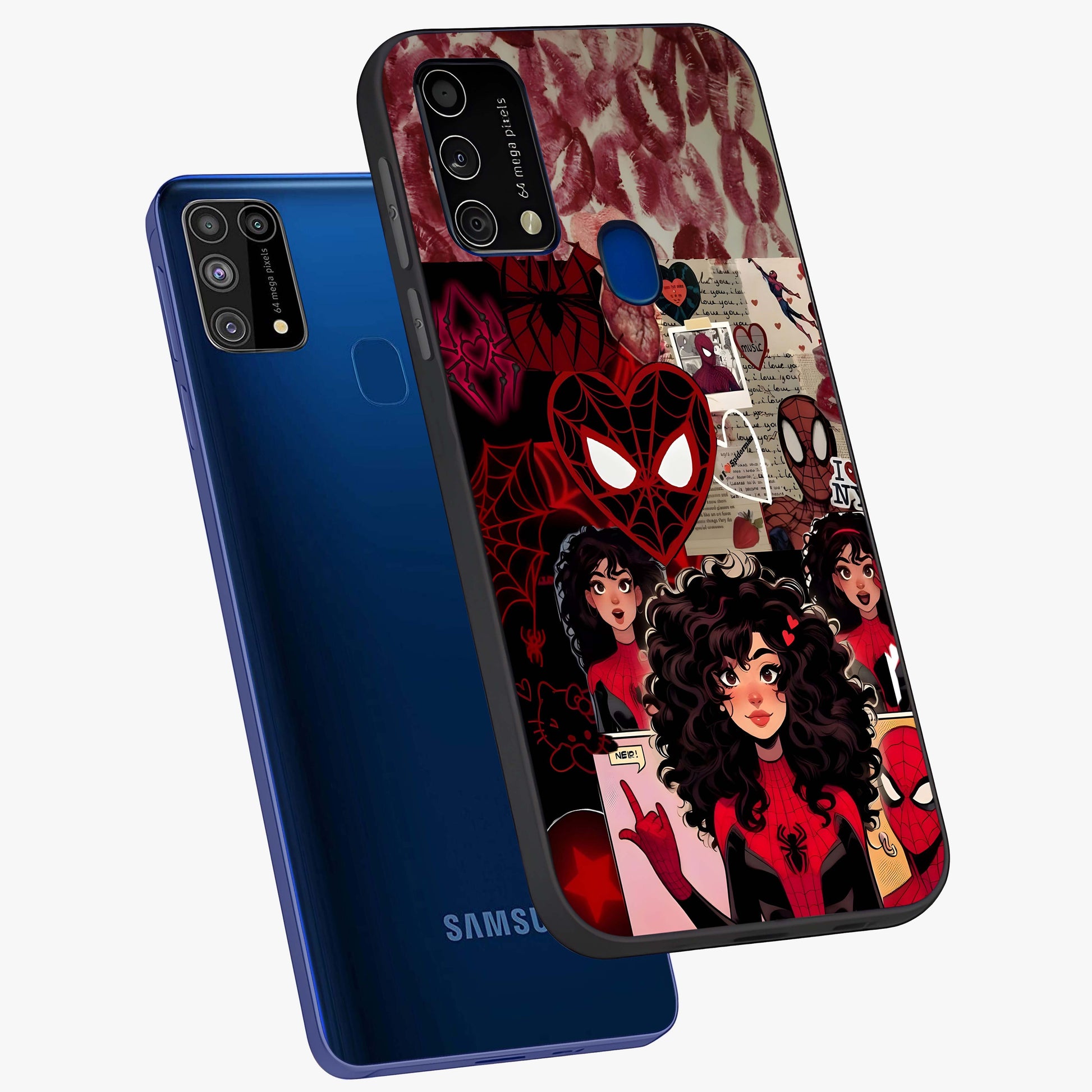 Spider Love Story Glass Case displayed in angled mockup highlighting expressive comic inspired design with playful aesthetic.