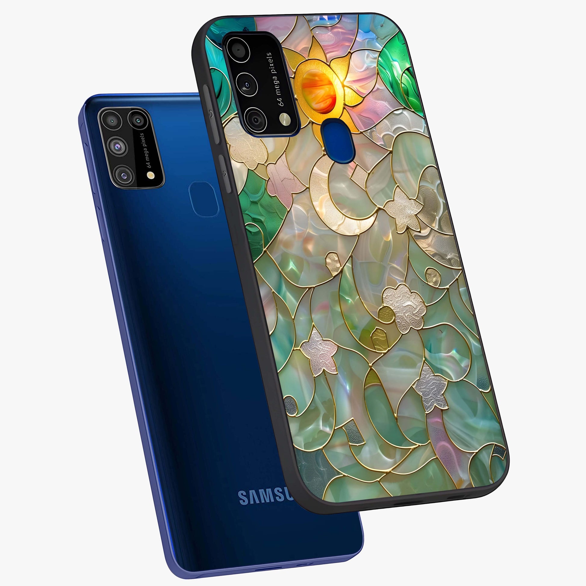 Stained Sunrise Glow Glass Case displayed in angled mockup highlighting radiant sunrise design with artistic aesthetic style.