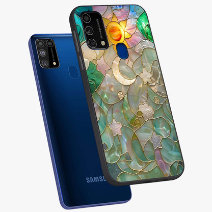 Stained Sunrise Glow Glass Case displayed in angled mockup highlighting radiant sunrise design with artistic aesthetic style.