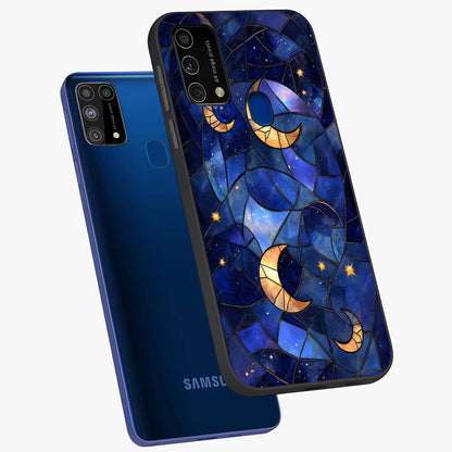 Starlit Sky Tapestry Glass Case displayed in angled mockup highlighting celestial night pattern with artistic aesthetic style.