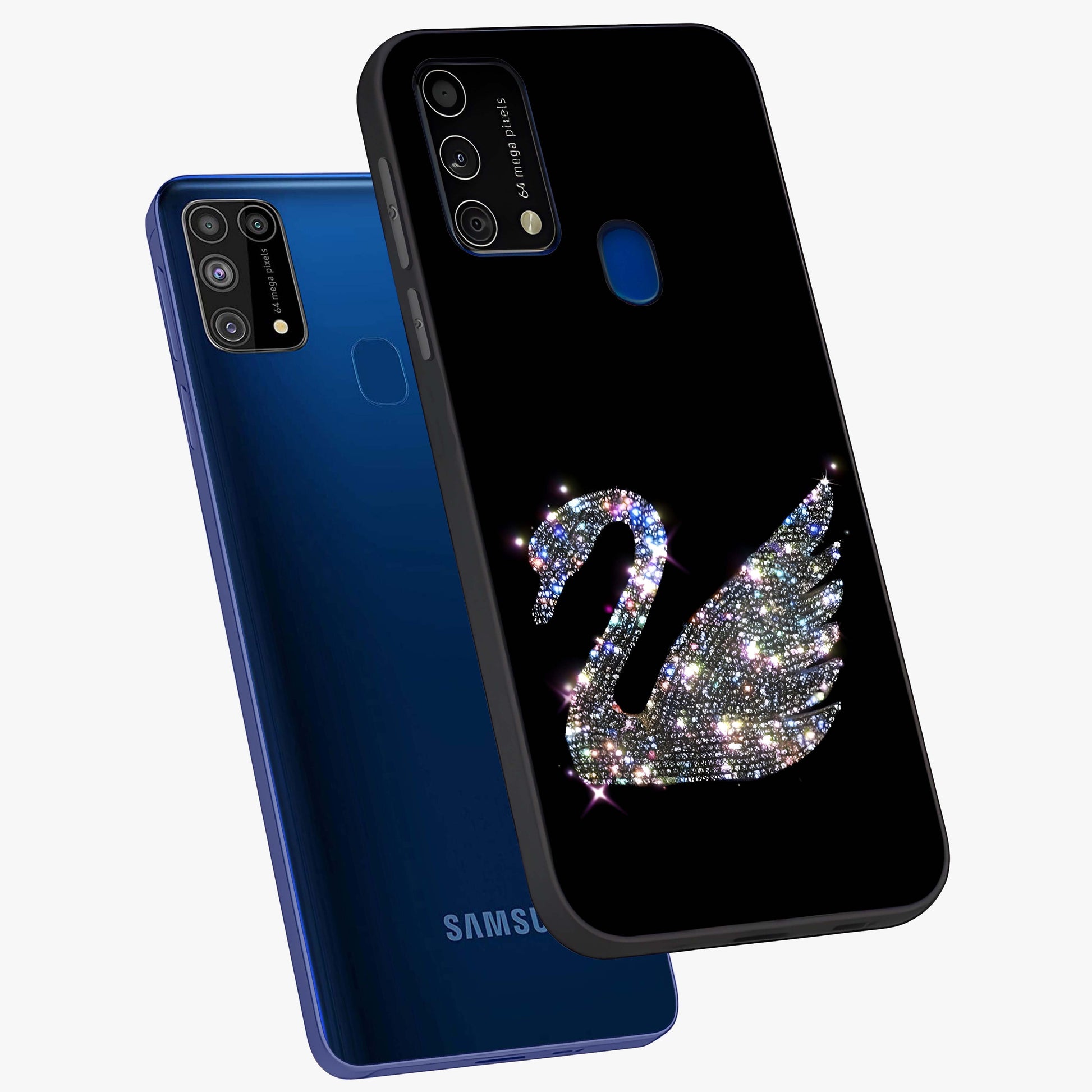 Starlit Swan Grace Glass Case displayed in angled mockup highlighting elegant swan illustration with dreamy celestial aesthetic.